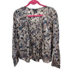 Rafaella Woman's Silk Black Teal Print Pin Tucked Long Sleeve Blouse Size 8